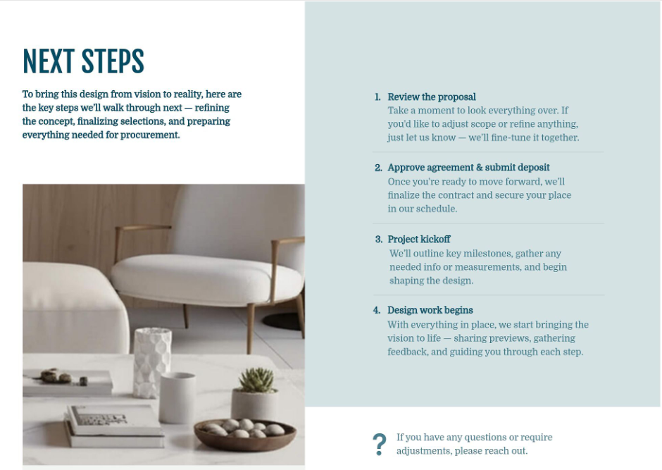 interior design presentation next steps example slide