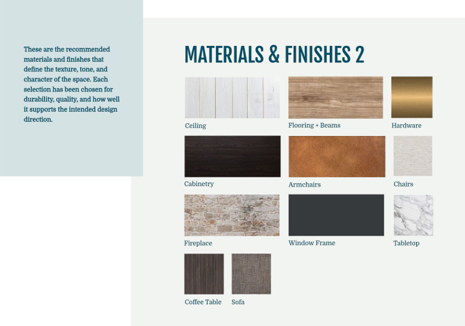 interior design presentation materials and finishes example slide