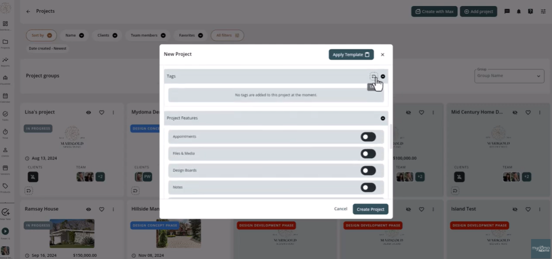 mydoma interior design project management software create new project feature